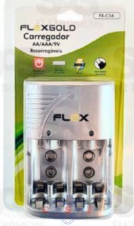Carregador FlexGold FX c 16 para 4 Pilha AAA e AA + Bateria 9V Recarregável